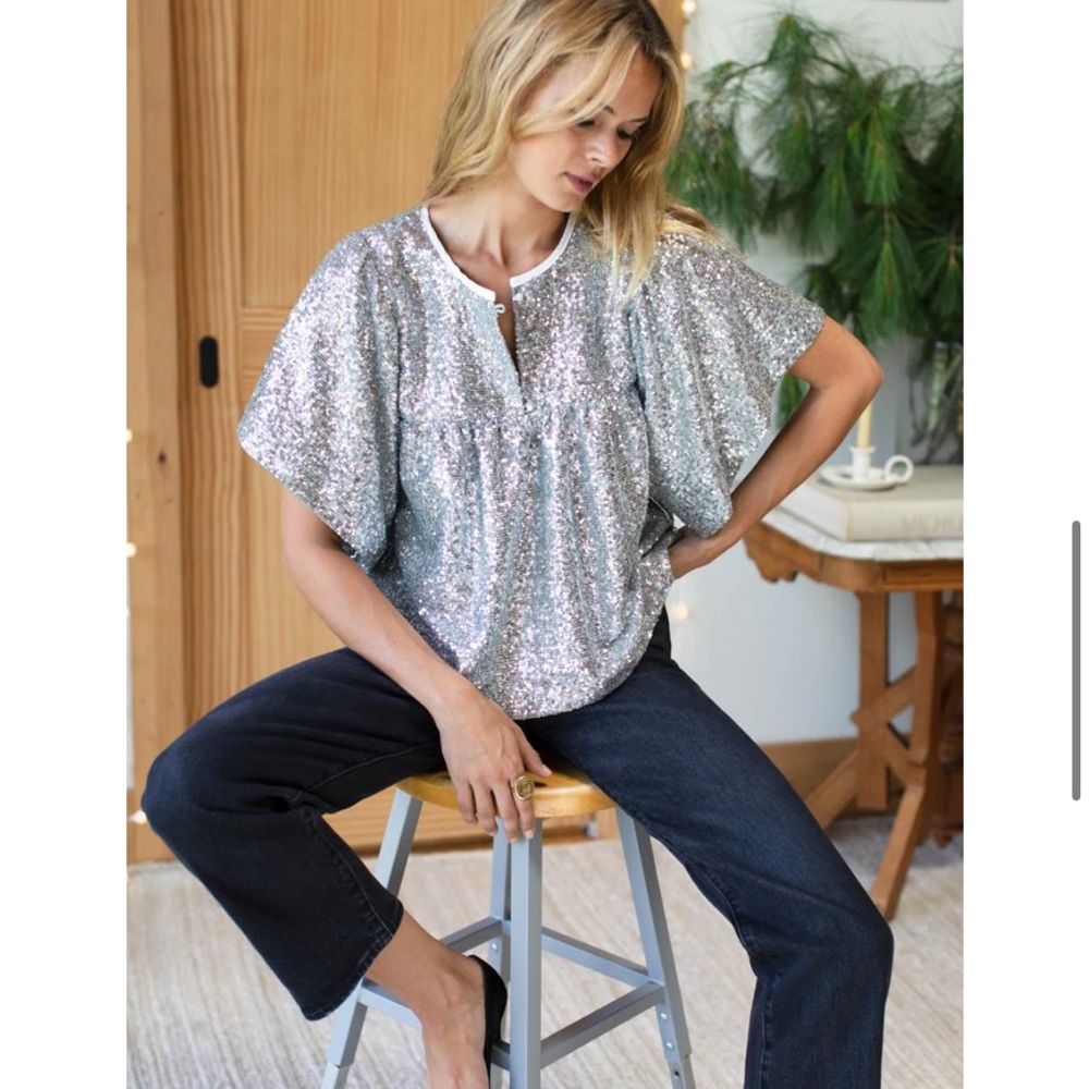 Emerson Fry Silver Sequin Flutter-Sleeve Blouse